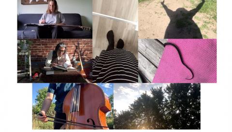 A collage of seven photos. On the left, a woman playing with a guitar; a man reading a book; and someone playing a cello. In the middle, a woman's skirt and feet. On the right, a shadow on the ground; a snake on a yoga mat; and the sunset on trees.