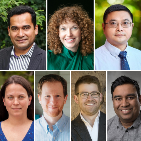 Headshots of the winners of the Research U of G Research Excellence Awards. From Upper left to bottom right: Ataharul Chowdhury, Jennifer Geddes-McAlister, Yuanfang Lin, Jennifer Murray, David Renaud, Gus Skorburg and Eranga Ukwatta.