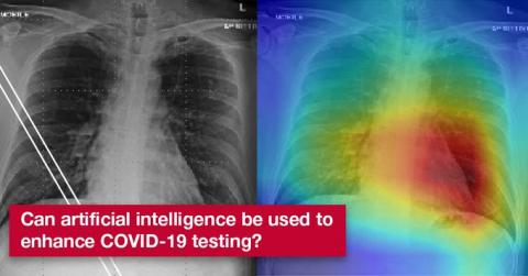 Black and White chest xray on the left, colour chest xray on the right with the text: "Can artificial intelligence be used to enhance COVID-19 testing" written on top