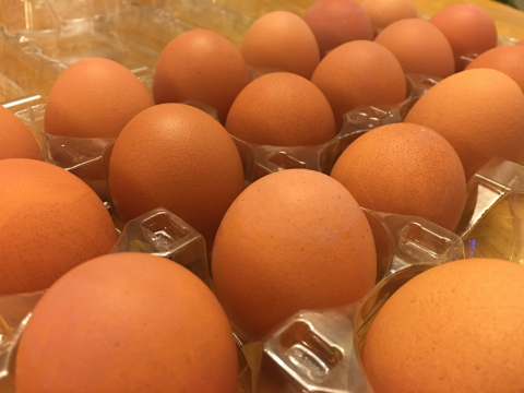A container of brown coloured eggs