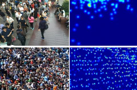 mages of crowds on the left and corresponding crowd density maps on the right