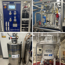 Four images in a collage of the helium recovery system.