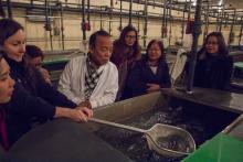 Seven people stand around a large fish tank.  The tour guide holds a fish net with a rainbow trout in it.