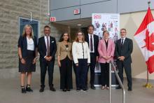 From left: Dr. Kari Dunfield, professor; Dr. Mazyar Falllah, vice-president, research and innovation; Manal Bahubeshi, NSERC VP; Dominique O’Rourke, MP for Guelph; Karim Bardeesy, parliamentary secretary to the minister of industry; Mélanie Joly, minister of industry and minister responsible for Canada economic development for Québec region; Dr. Rene Van Acker, president and vice-chancellor.