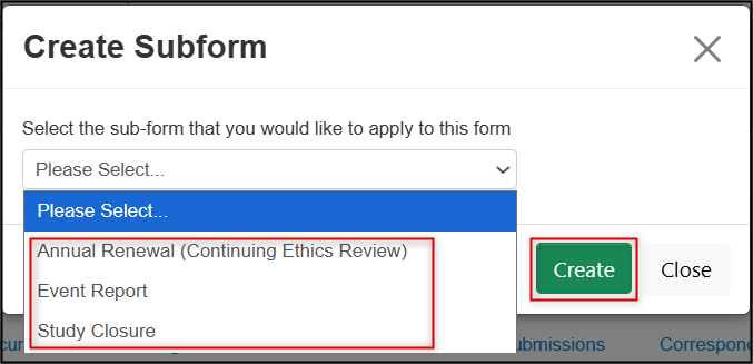 Screen shot of the Create Sub Form button dialog box and the drop down list choices and the create button.