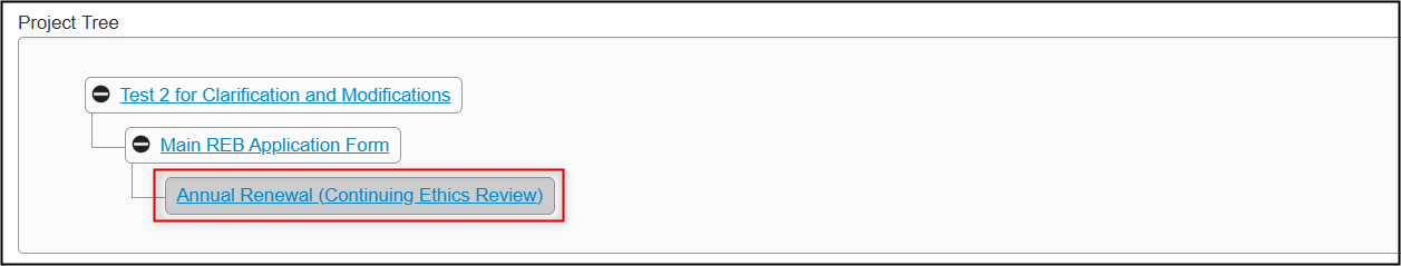 Screen shot of the Annual Renewal showing as a subform in a Project Tree.