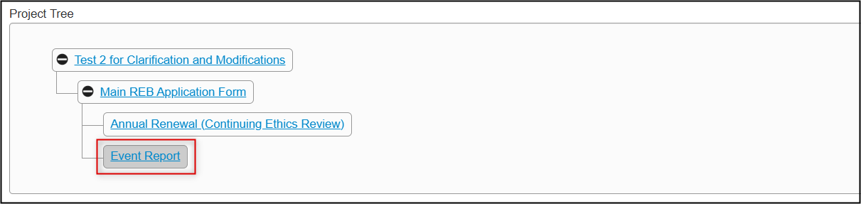 Screen shot of the Event Report showing as a subform in a Project Tree.