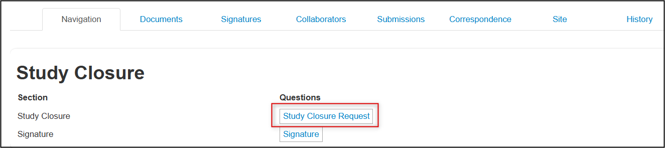 screenshot of study closure report questions
