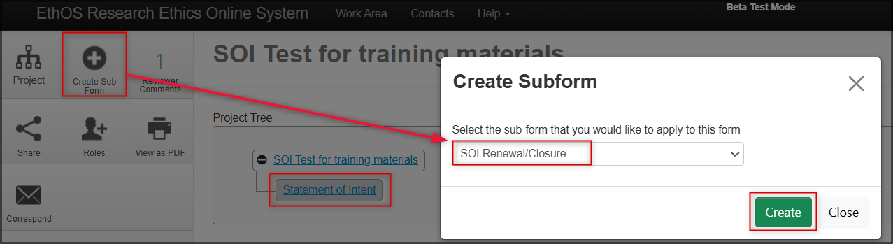 Screen shot of the Statement of Intent subform in a Project Tree with Create Sub form button highlighted in the actions panel.