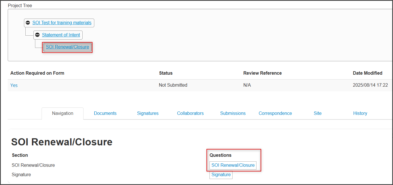 Screen shot of the SOI Renewal/Closure subform in a project tree hierarchy with the questions section highlighted.