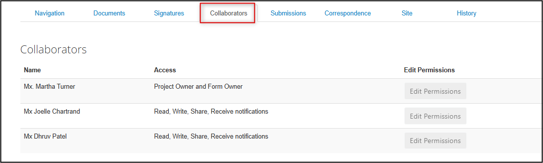 screenshot of collaborators listed
