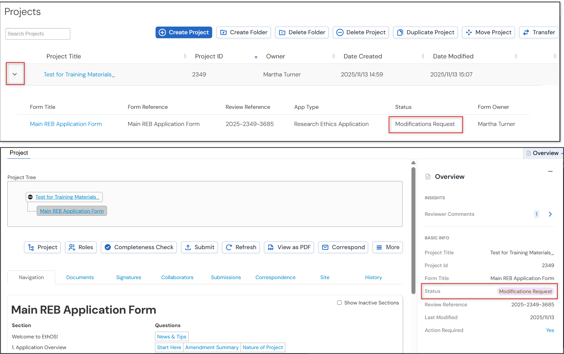 Screenshot showing the status of a project using the drop down in the project list or using the overview panel.