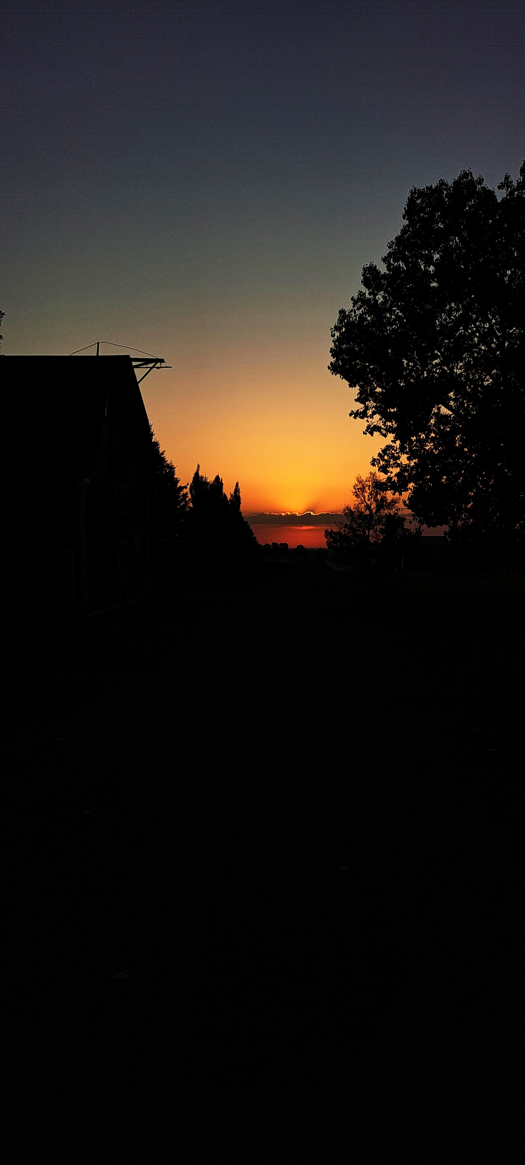 Sunrise hidden by clouds with a barn on the left and a tree on the right
