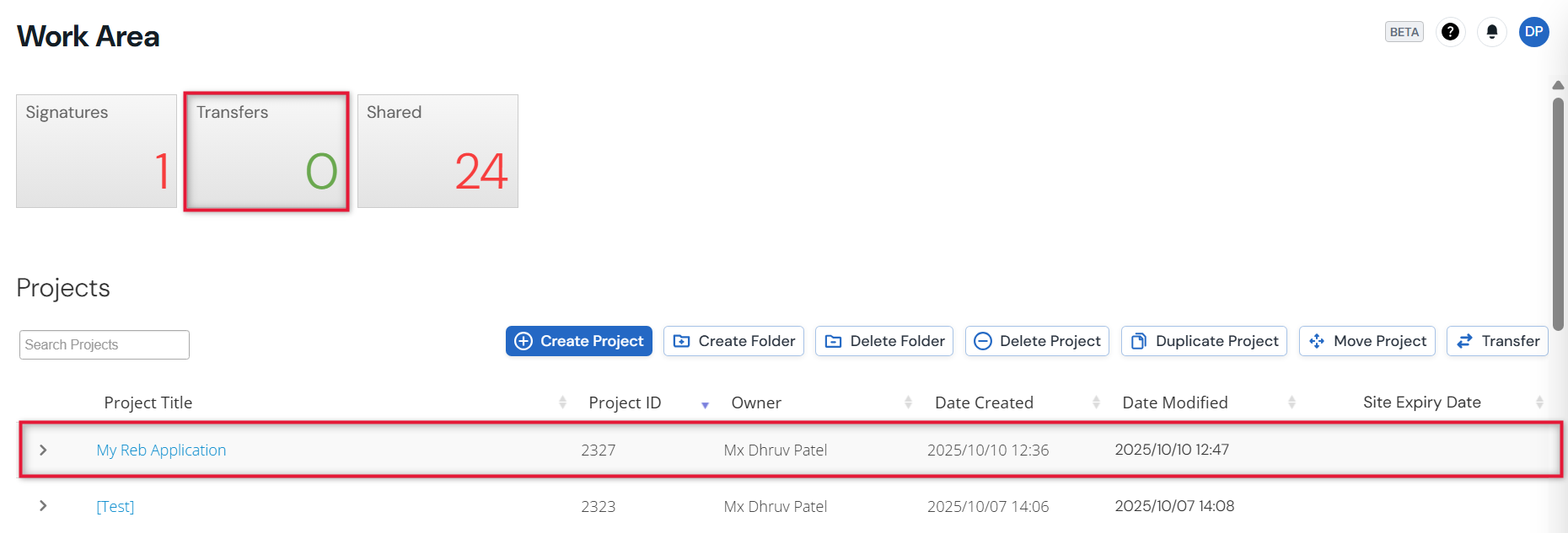 Screenshot of a completed transfer, with the transfer tile number reduced by 1 and a new project in the project list.