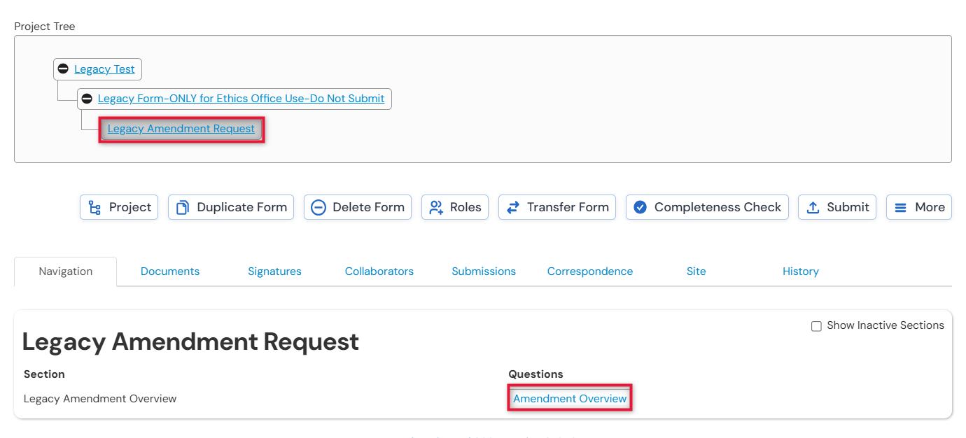 Screenshot of the Navigation Tab of Legacy Amendment Request