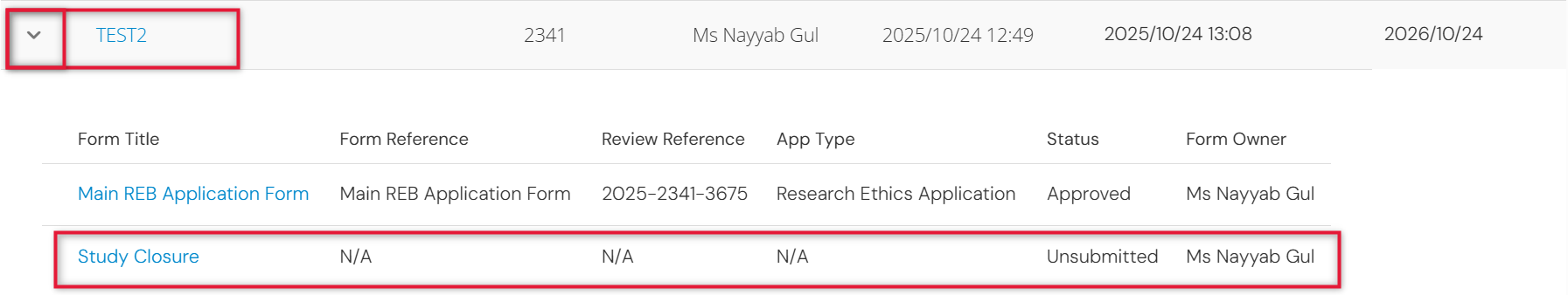 Screen shot of the Project Title with the drop-down arrow expanded to show a Study Closure ‘child’ and the status selected.