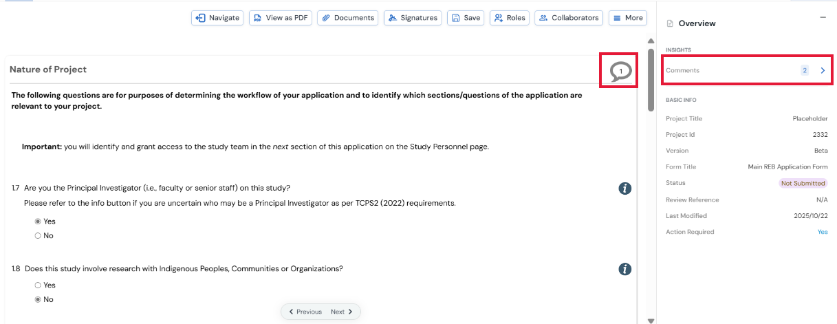 Screenshot of the Overview Pane and comment bubble when Comments are present on the form 