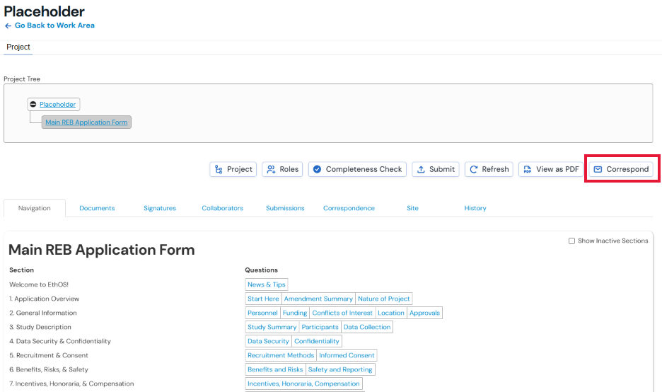 Screenshot of the Correspond Button in the action ribbon.