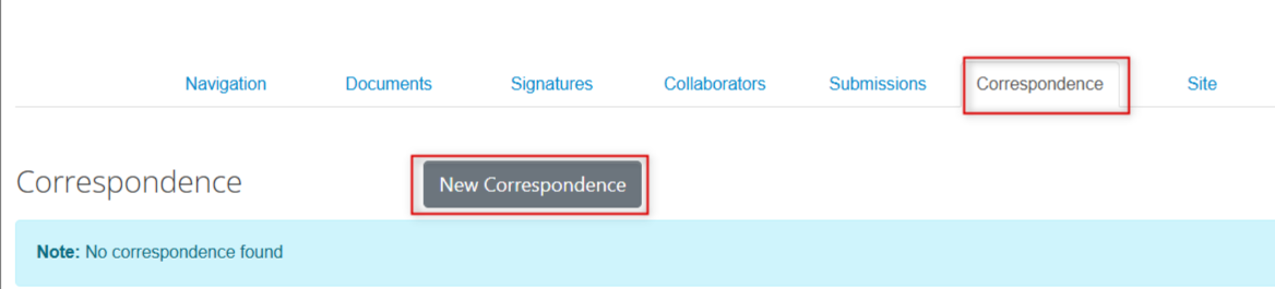 Screenshot of the New Correspondence button in the Correspondence tab.