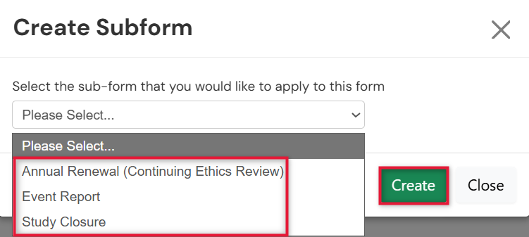 Screen shot of the Create Sub Form button dialog box and the drop down list choices and the create button.