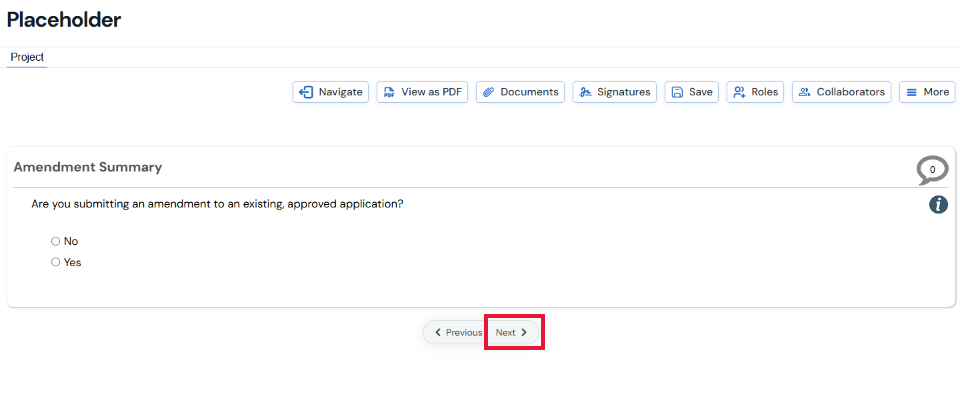Screenshot of the Amendment Summary question and Next button 