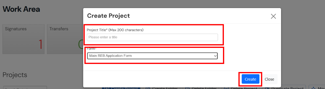 Screenshot of the Create Project window highlighting the Project Title field, Form type field, and Create button.