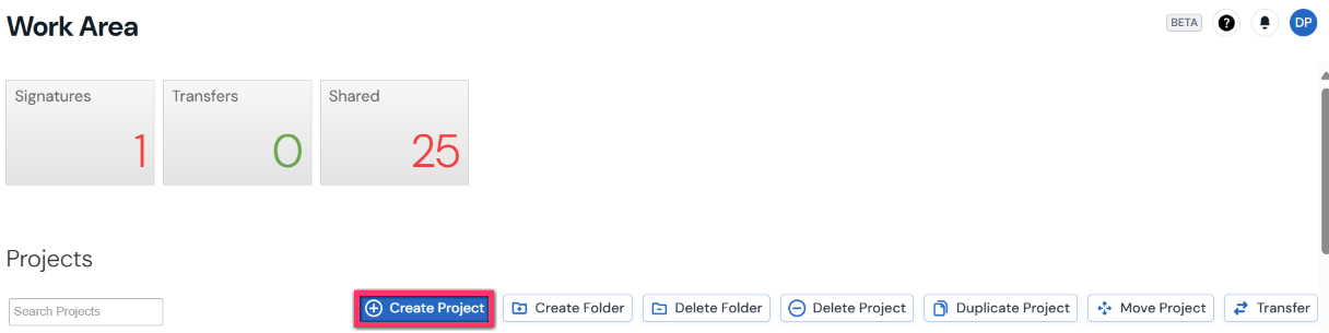 Screenshot of the Work Area with the Create Project action highlighted 