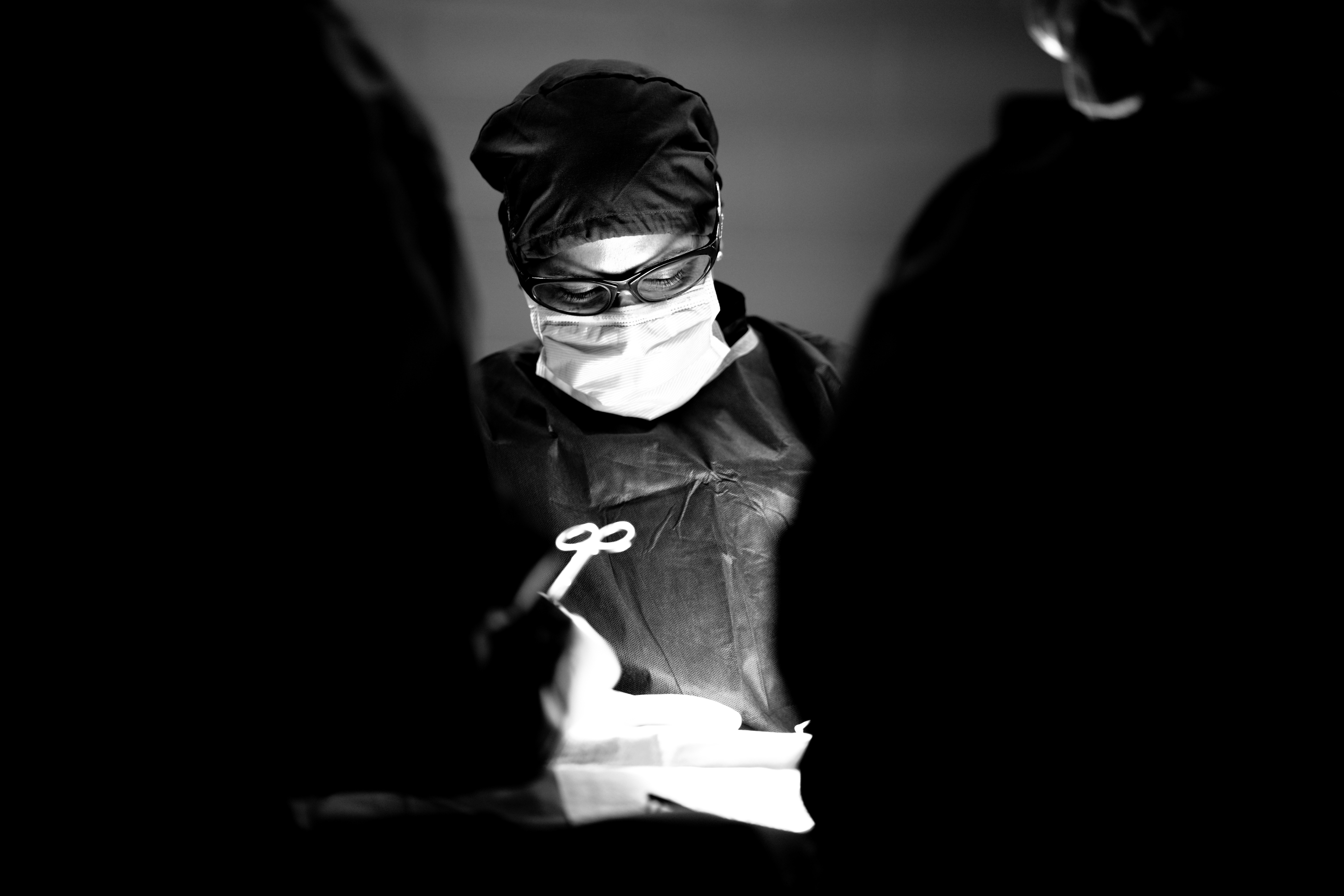 A veterinarian with a mask over his face.
