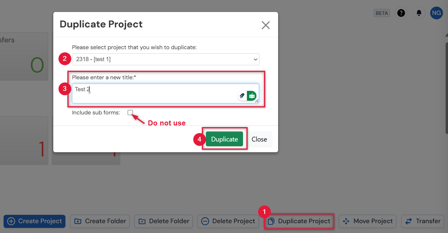 Screenshot of step 1-4 of duplicating a Project using the Duplicate Project button from the action pane.