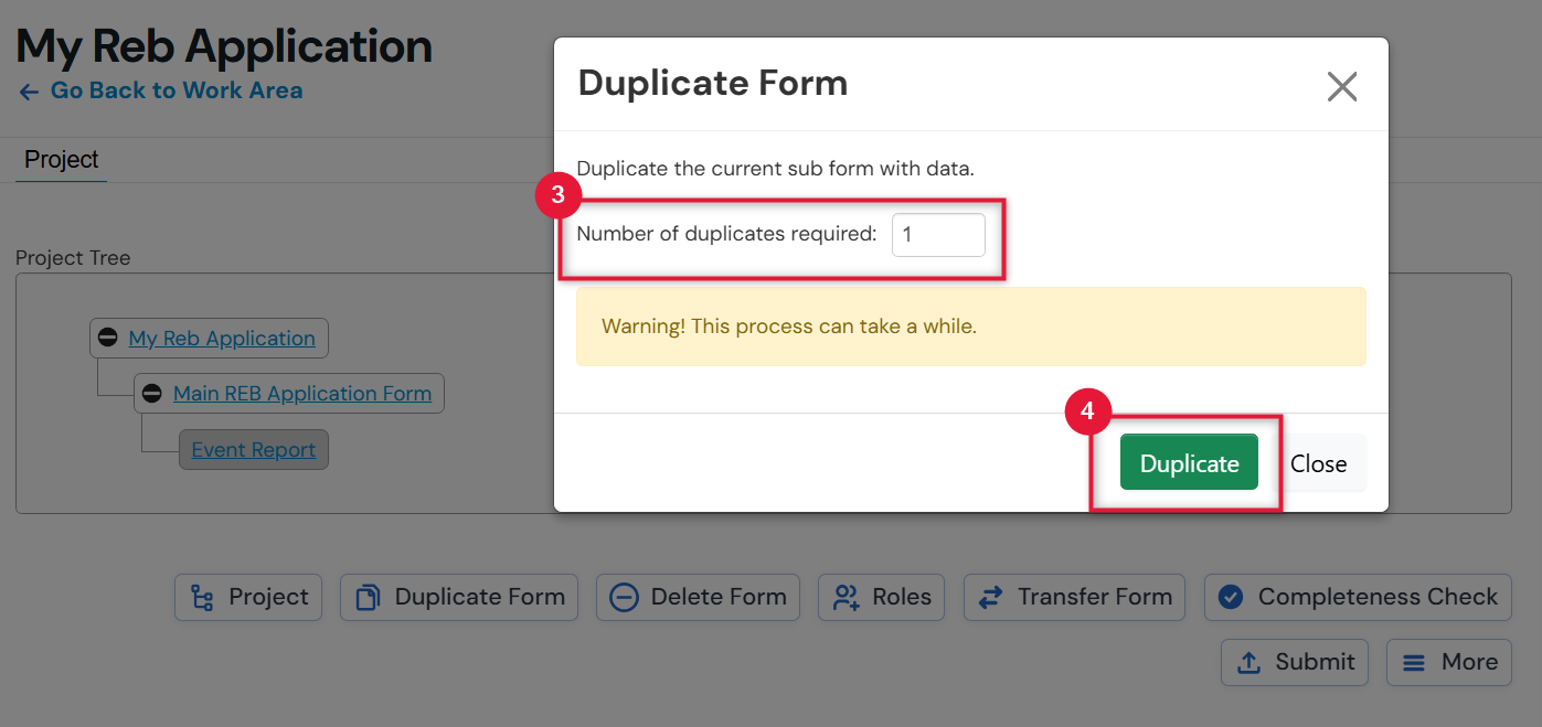 Screenshot of selecting the number of duplicate forms to create.