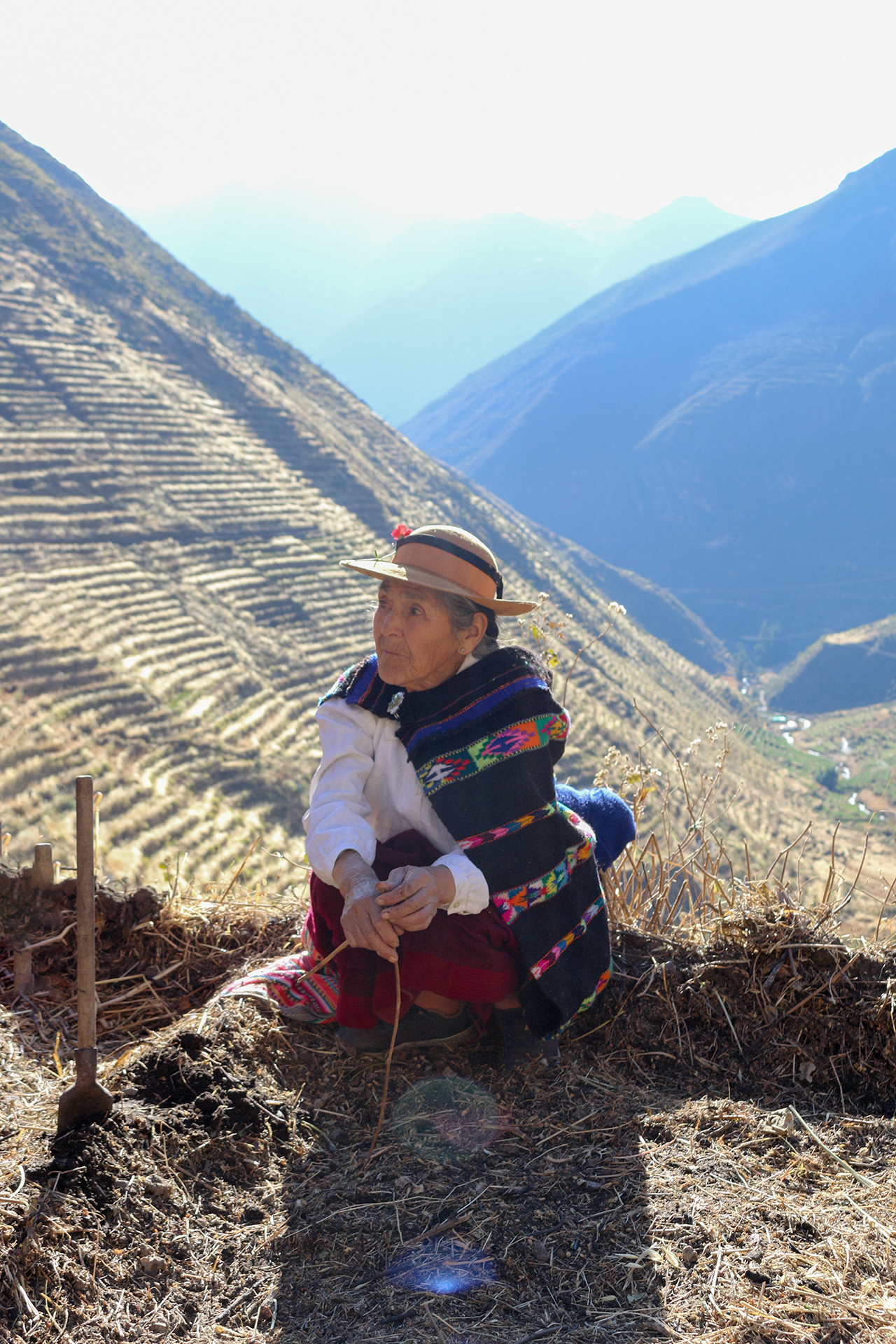 Andean woman preparing the land to plant the potatoes in Laraos, Peru.