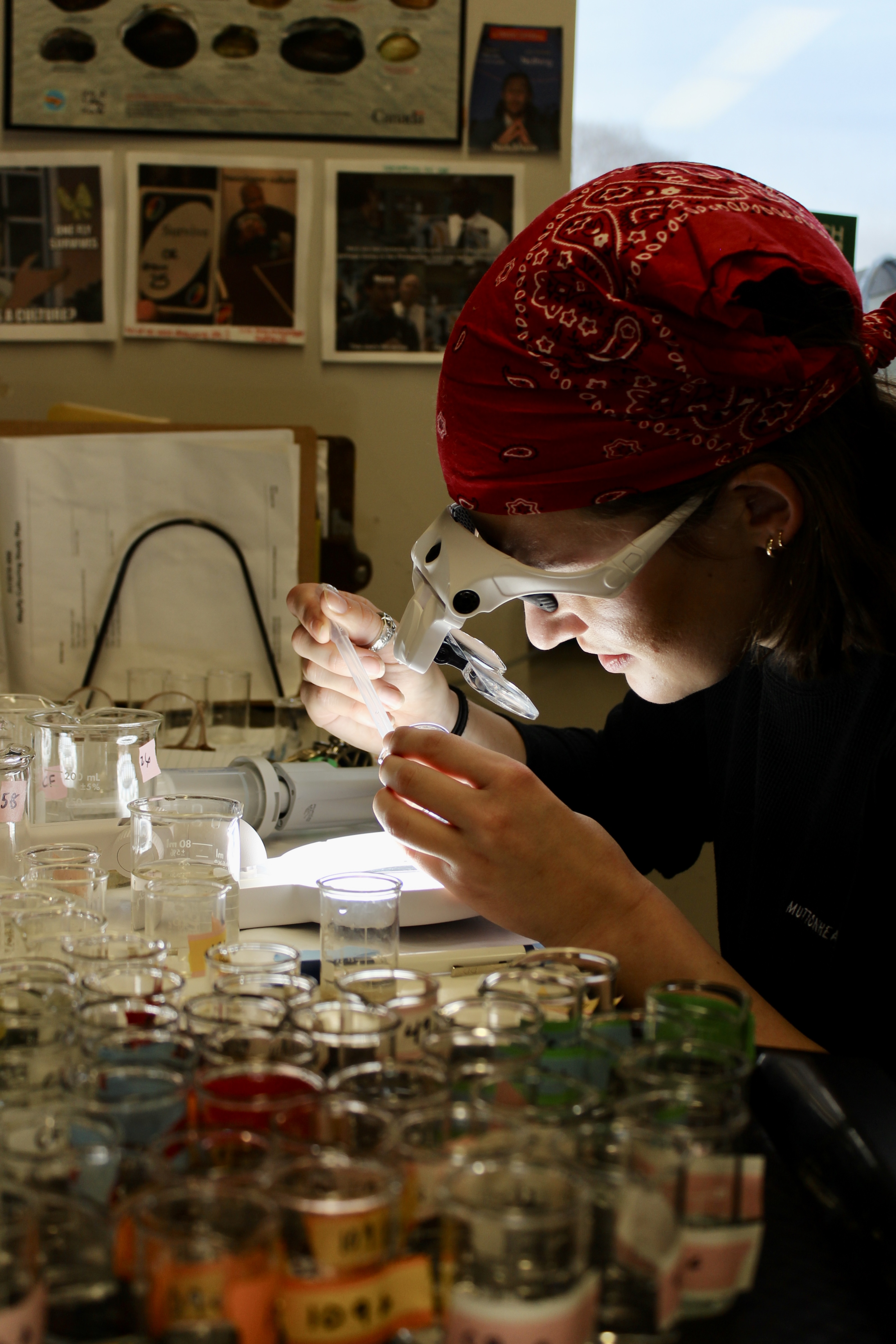 A woman wearing a bandana and eyewear for insect identification sitting at a table examining an insect.
