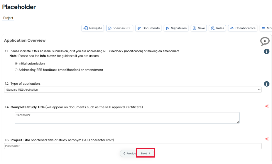 Screenshot of the Next button on the Application Overview page 