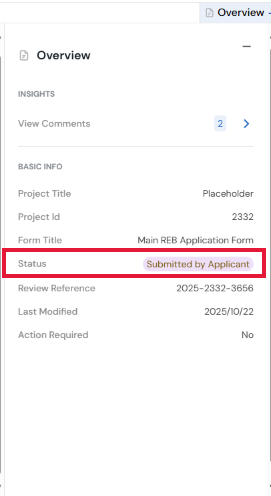Screenshot of the Overview panel showing the Submitted by Applicant status.