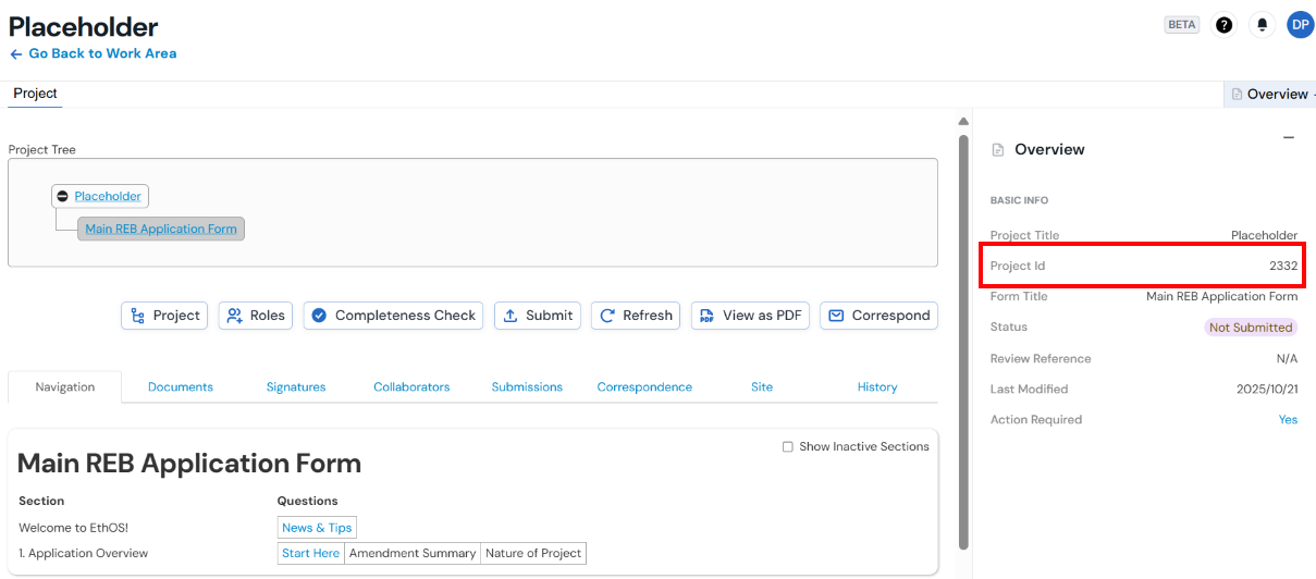 Screenshot of the Overview Pane highlighting the Project ID number on the right 