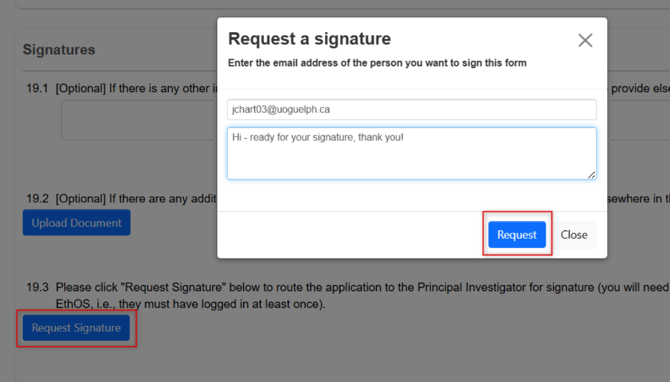 Screenshot of the Request Signature pop-up window.