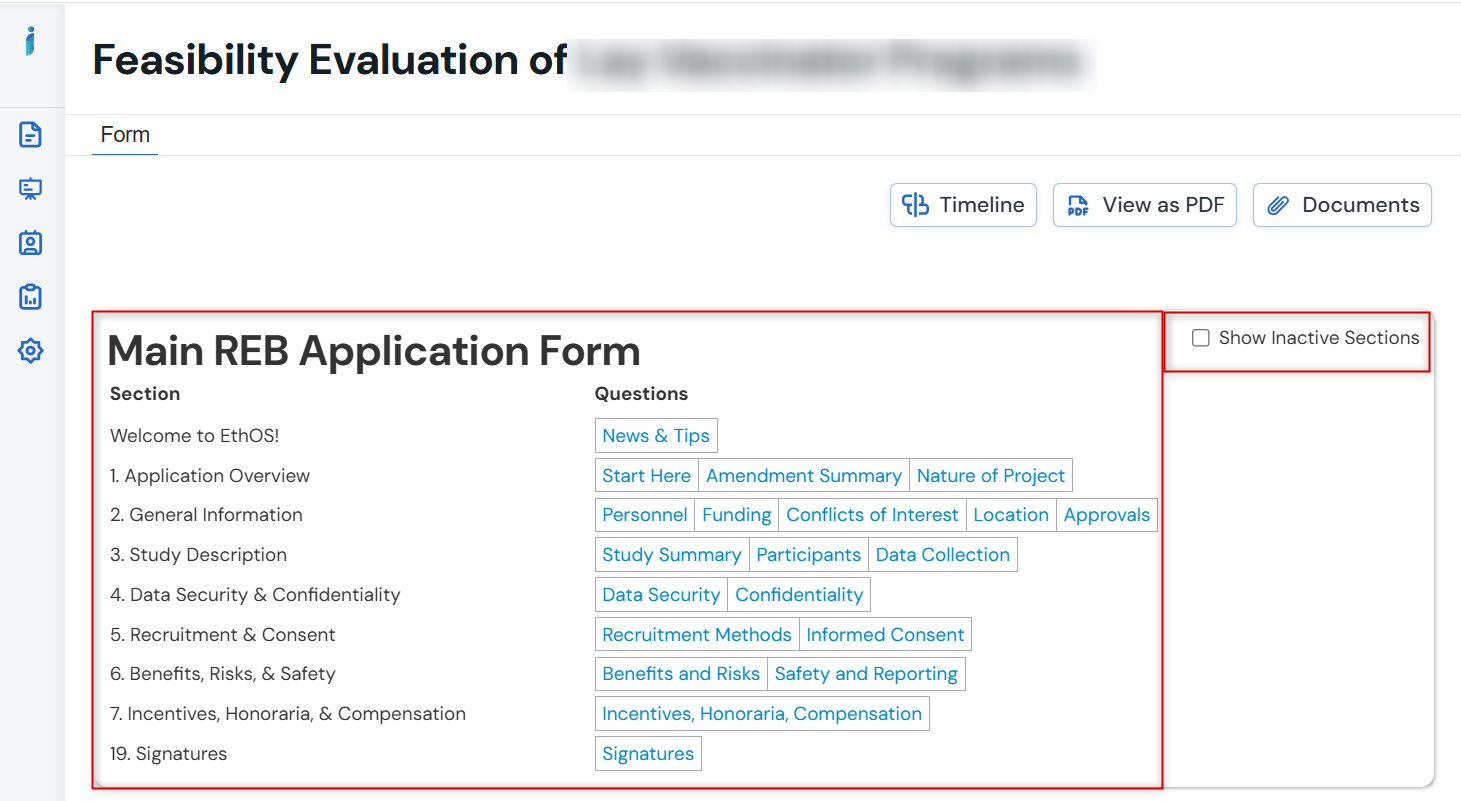 Screenshot of Main page showing inactive sections option