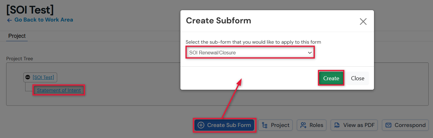 Screenshot showing creation of SOI renewal/closure subform.