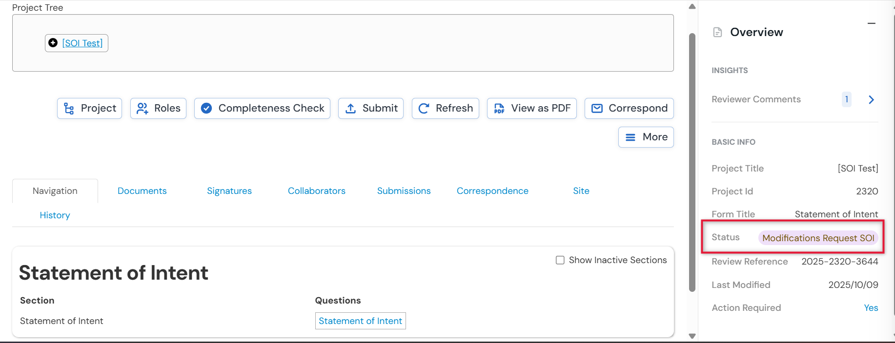 Screenshot of a project's overview with the modification request SOI status.