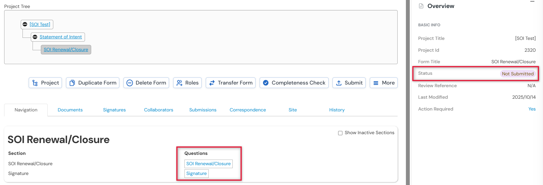 Screenshot showing SOI renewal/closure pages.