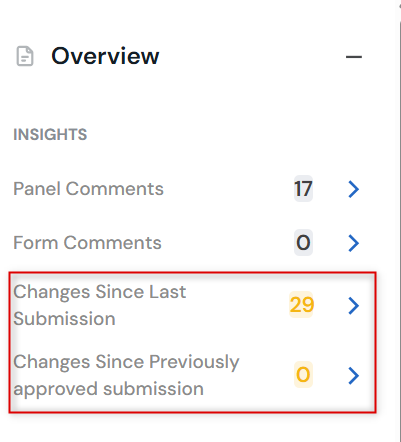 Screenshot of changes since last submission and changes since previously approved submission in the Overview Panel