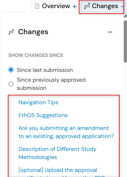 Screenshot of the Changes section