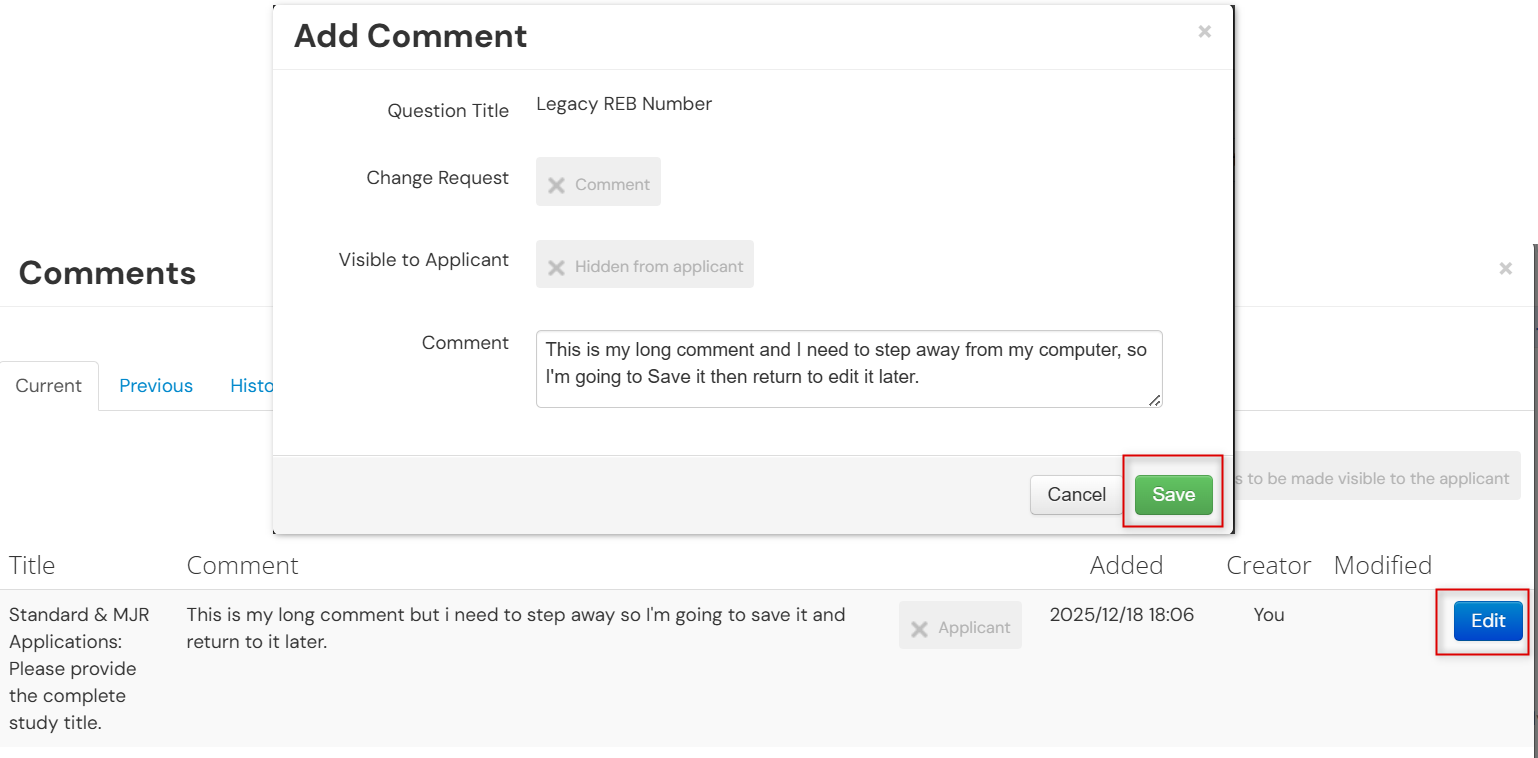 Screenshot of Add Comment Popup Window