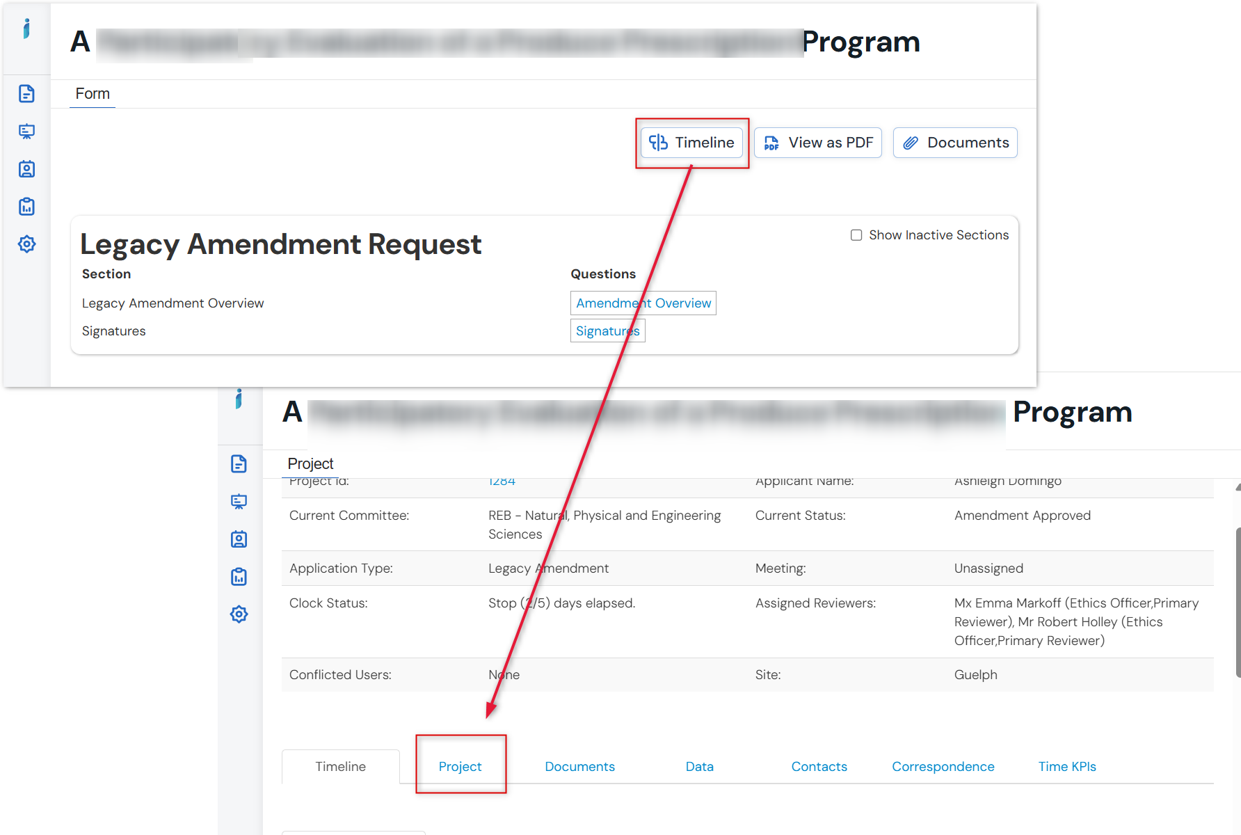 A screenshot the Timeline action pointing to an expanded Project showing a Legacy Form being highlighted
