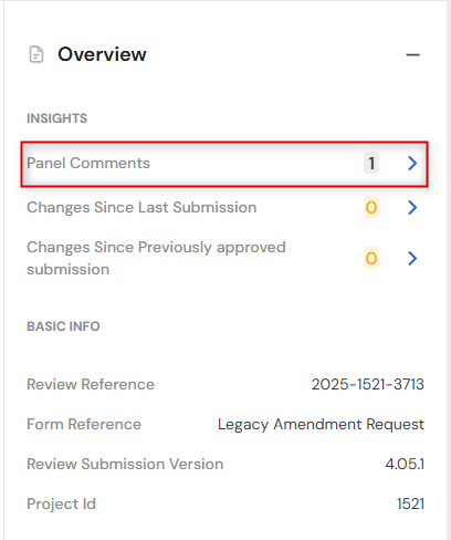 Screenshot of panel comments section in the overview panel