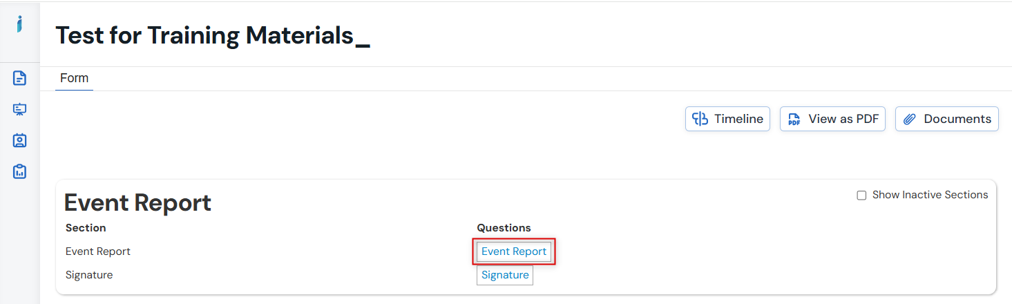 Screenshot of the Event report question section