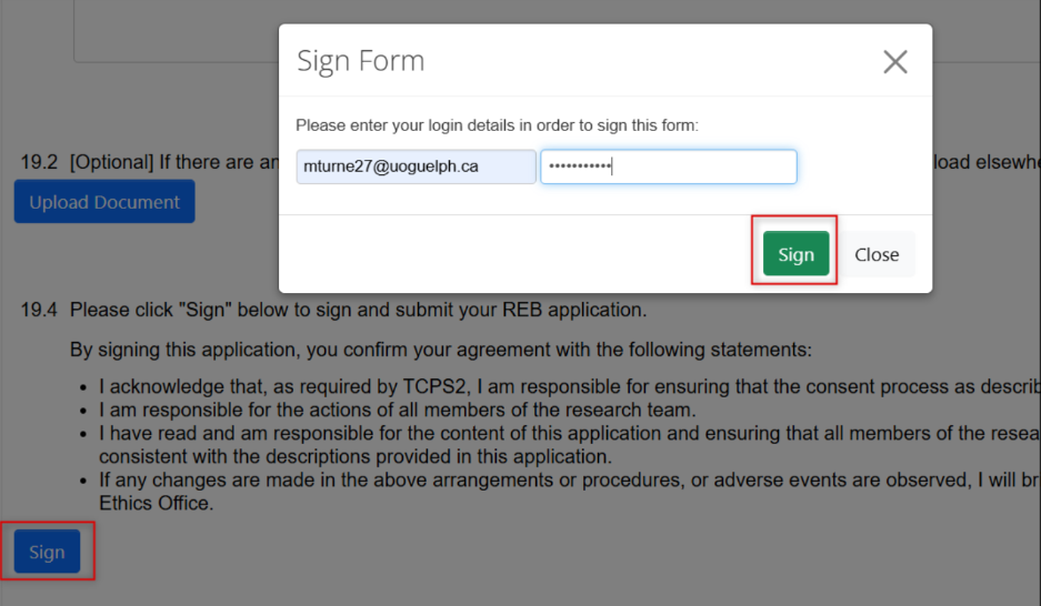 Screenshot of the Sign Form pop window  prompting to enter your email and password to sign the REB application.