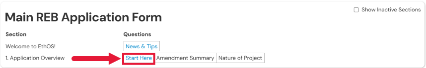 Screenshot of the Application Overview Start Here button 