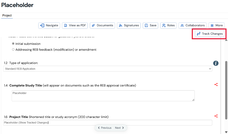 Screen shot of the Compare with Previous Submission button.