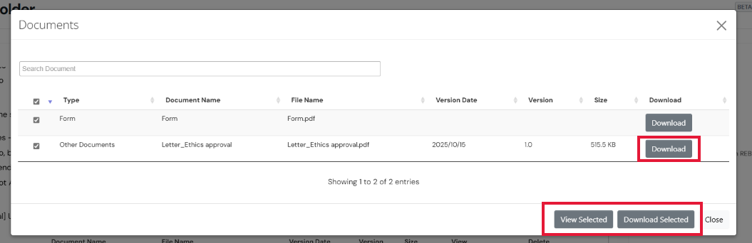 Screenshot of the list of uploaded documents in the Documents Pop-up window.